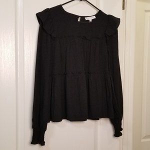 DownEast Woman's Peasant BOHO Ruffle Tiered Top NWT's Black Long Sleeves Size M